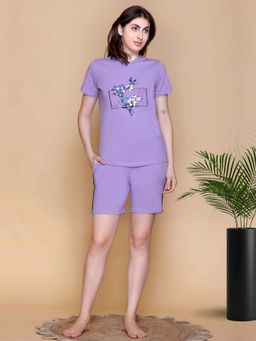 KIZA - Womens Cotton Nightsuit With Graphic Print - Lavender