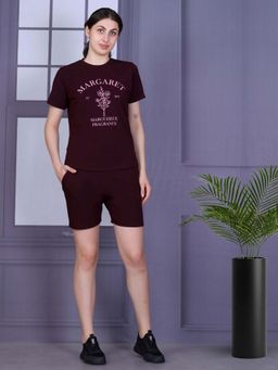 KIZA - Womens Cotton Nightsuit With Graphic Print - Wine