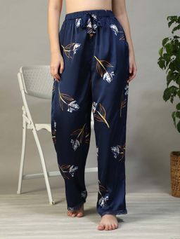 Oxolloxo - Women Navy Blue Floral Satin Print Elasticated Nightwear Pyjama
