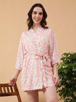 Oxolloxo - Women Multicolor V-Neck Long Sleeve Tie-Up Detail Nightwear Shrug