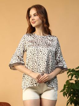 Oxolloxo - Women Grey Animal Print Round Neck Lace Detail Nightwear Satin Top