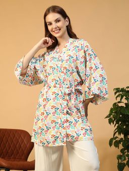 Oxolloxo - Women Multicolor Floral Print V-Neck Tie-Up Detail Nightwear Shrug