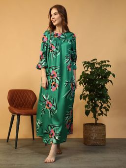 Oxolloxo - Women Green Floral Print Round Satin Nightwear Long Nightdress