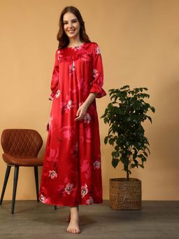 Oxolloxo - Women Red Floral Print Round Neck Satin Nightwear Long Nightdress