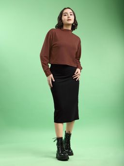 PURVAJA - Brown and Black Puff Sleeves High Neck Solid Top & Skirt Set