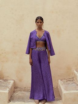 PINK CITY BY SARIKA - Blue Boss Babe Blouse with Palazzo and Jacket (Set of 3)