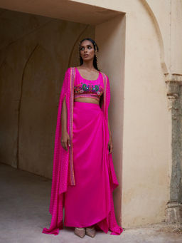 PINK CITY BY SARIKA - Pink Boho Peacock Cape with Blouse and Skirt (Set of 3)