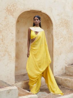 PINK CITY BY SARIKA - Yellow Bandani Saree with Unstitched Blouse and Collar