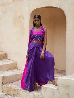PINK CITY BY SARIKA - Purple 2 Cape with Blouse and Skirt (Set of 4)