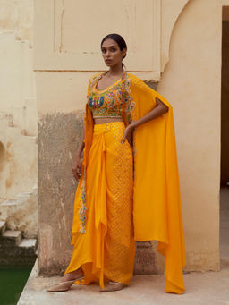 PINK CITY BY SARIKA - Yellow Blouse with Skirt, Cape, Drape and Potli (Set of 5)