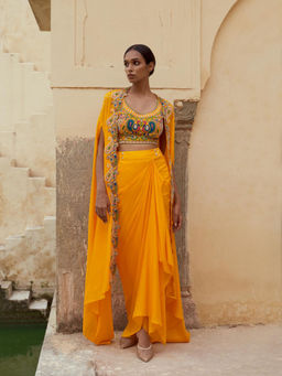 PINK CITY BY SARIKA - Yellow Blouse with Skirt and Cape (Set of 3)