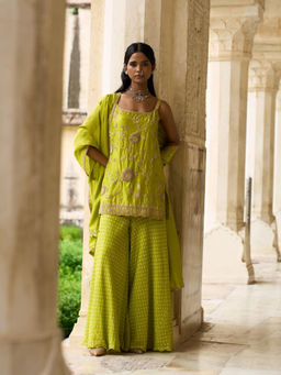 PINK CITY BY SARIKA - Green Strappy Sunflower Sharara with Kurta and Dupatta (Set of 3)