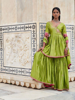 PINK CITY BY SARIKA - Green Suraj Mukhi Angrakha with Sharara and Dupatta (Set of 3)