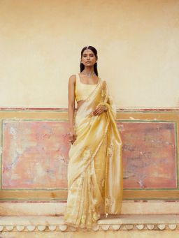 PINK CITY BY SARIKA - Yellow Embroidered Saree with Unstitched Blouse