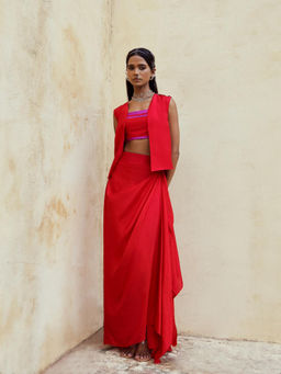 PINK CITY BY SARIKA - Red Bustier with Skirt and Jacket (Set of 3)