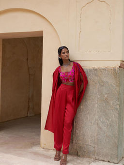 PINK CITY BY SARIKA - Red All Things Pink City Cape with Bustier and Pant (Set of 3)