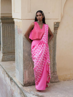 PINK CITY BY SARIKA - Pink Printed Mekhla Top with Skirt Attached Draped Dupatta (Set of 2)