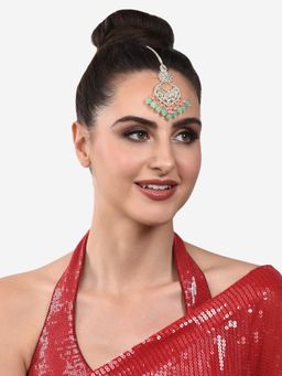 Zaveri Pearls - Pink & Green Cluster Drops Ethnic Kundan Maangtikka-ZPFK13787