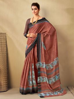 Odette - Womens Tussar Silk Brown Printed Saree with Unstitched Blouse