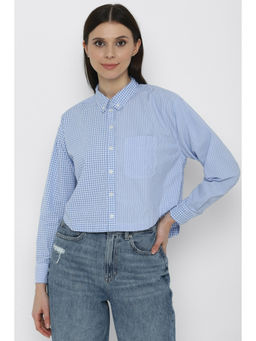 American Eagle - Women Blue Cropped Oxford Button Up Shirt