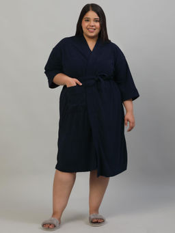 Creeva - Navy Blue Everyday Plus Size Micro Terry Bath Robe