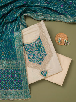 Koskii - Beige Zariwork Tissue Unstitched Dress Material