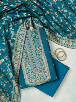 Koskii - Peacock Blue Subtle Dola Silk Unstitched Dress Material