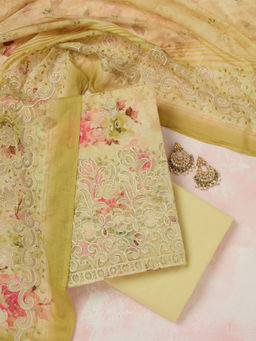 Koskii - Pista Green Threadwork Linen Unstitched Dress Material