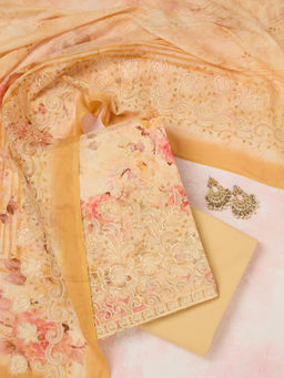 Koskii - Mustard Threadwork Linen Unstitched Dress Material