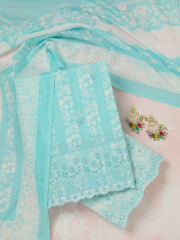 Koskii - Sky Blue Threadwork Cotton Unstitched Dress Material