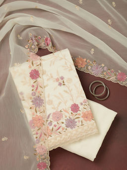 Koskii - Off White Threadwork Georgette Unstitched Dress Material