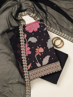 Koskii - Black Zariwork Organza Unstitched Dress Material