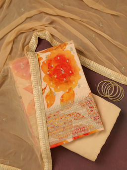 Koskii - Beige Zariwork Dola Silk Unstitched Dress Material