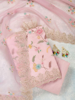 Koskii - Pink Threadwork Semi Crepe Unstitched Dress Material