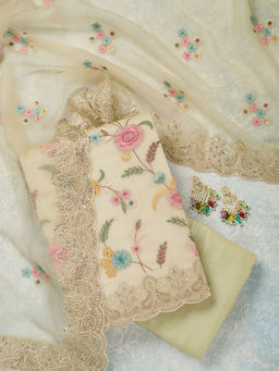 Koskii - Pista Green Threadwork Semi Crepe Unstitched Dress Material