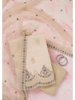 Koskii - Beige Threadwork Semi Crepe Unstitched Dress Material