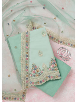 Koskii - Sea Green Threadwork Semi Crepe Unstitched Dress Material