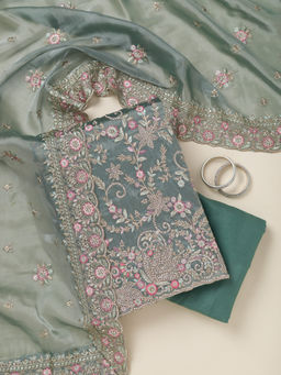 Koskii - Teal Bling Semi Crepe Unstitched Dress Material