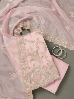 Koskii - Pink Stonework Semi Crepe Unstitched Dress Material