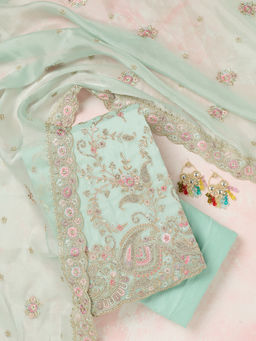 Koskii - Sea Green Stonework Semi Crepe Unstitched Dress Material