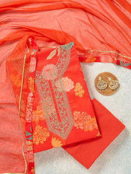 Koskii - Orange Threadwork Cotton Unstitched Dress Material