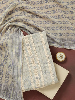 Koskii - Light Grey Threadwork Cotton Unstitched Dress Material