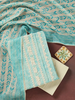 Koskii - Sea Green Threadwork Cotton Unstitched Dress Material