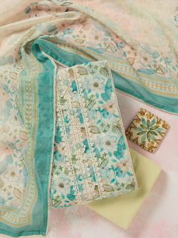 Koskii - Sea Green Threadwork Linen Unstitched Dress Material