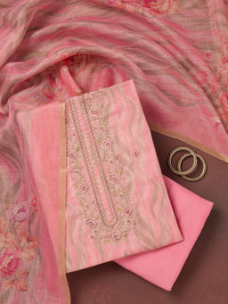 Koskii - Pink Threadwork Linen Unstitched Dress Material