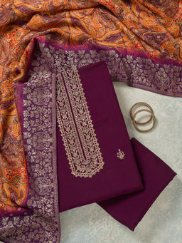 Koskii - Purple Zariwork (Gold) Dola Silk Unstitched Dress Material