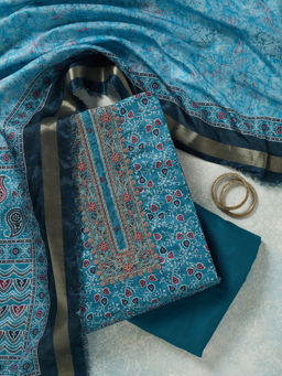 Koskii - Sky Blue Zariwork (Gold) Chanderi Unstitched Dress Material