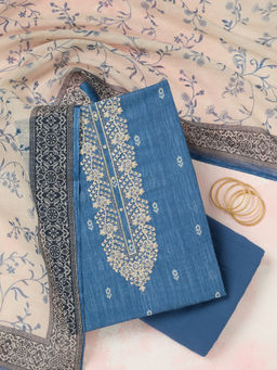 Koskii - Royal Blue Threadwork Linen Unstitched Dress Material