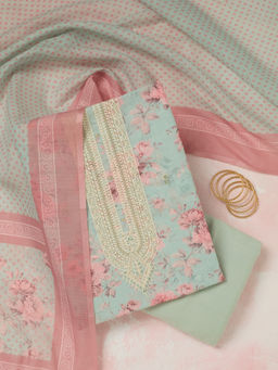 Koskii - Sea Green Threadwork Linen Unstitched Dress Material