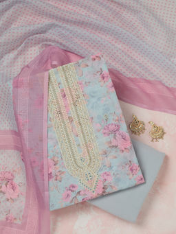 Koskii - Sky Blue Threadwork Linen Unstitched Dress Material